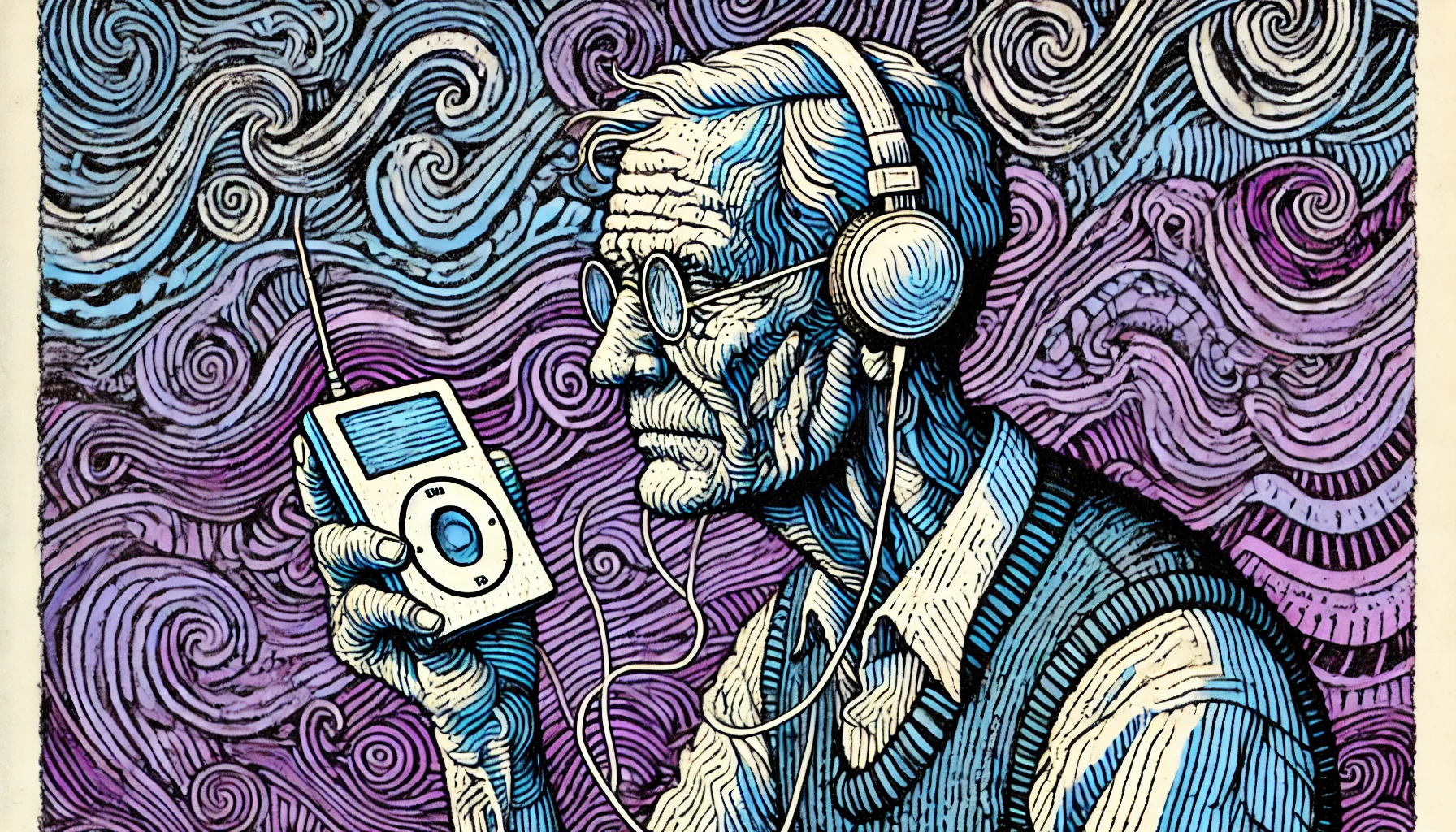 A drawing of a man listening to an iPod